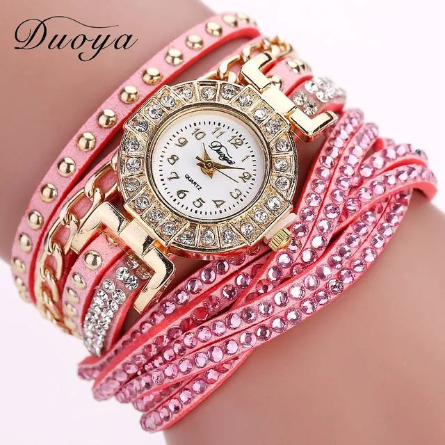 Duoya Brand Watches For Women Gold Fashion Bracelet Crystal Rhinestone Wristwatch Leather Casual Electronic Quartz Clock Watch