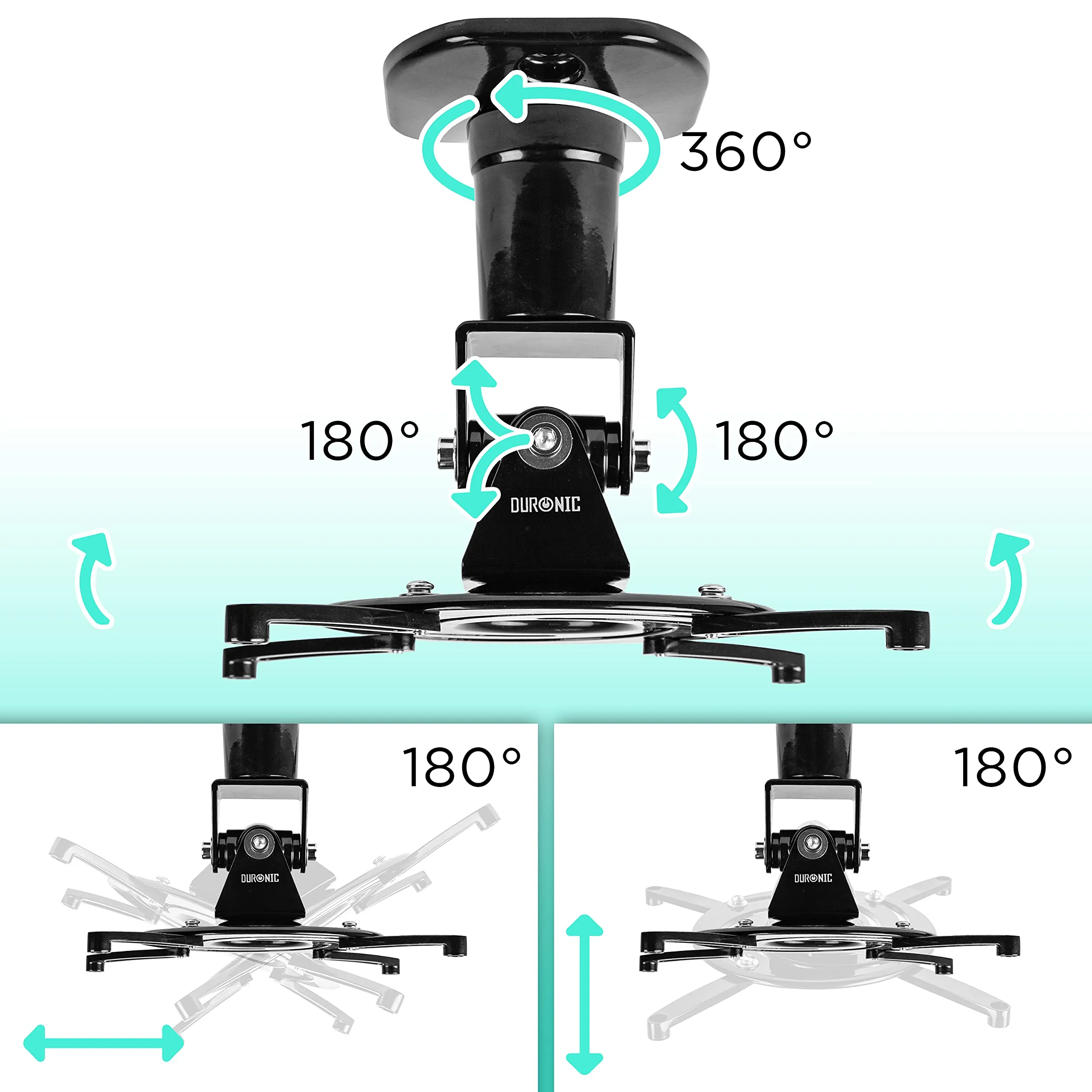 Duronic Projector Mount Stand for Ceiling or Wall Bracket PB01XB | 10kg Capacity | Universal Adjustable Clamp | Tile Swivel Rotate | Black