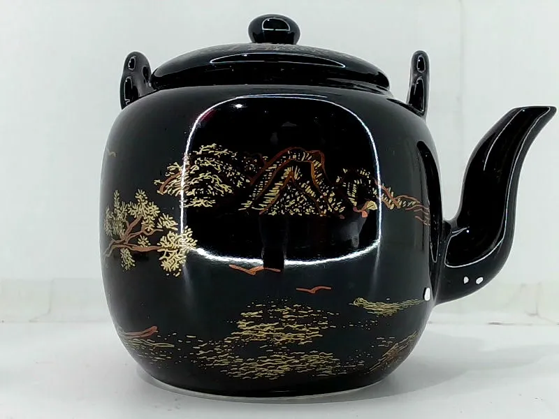 Elegant Black Stoneware Teapot with Scenic Design