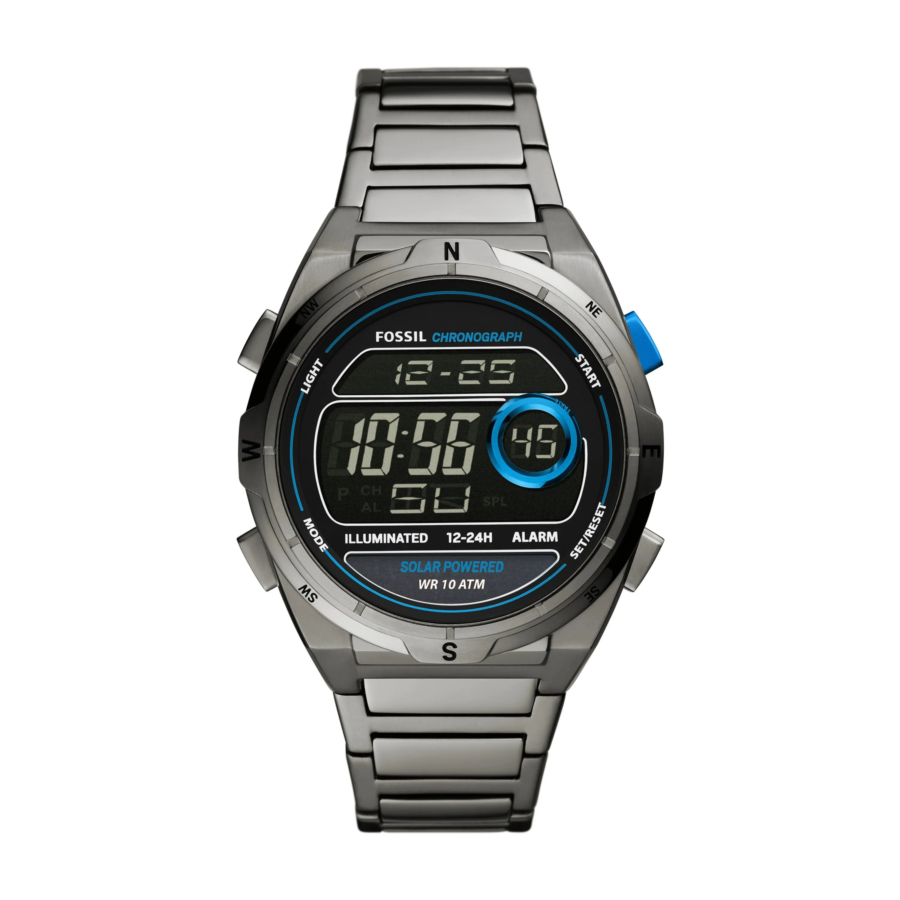 Everett Solar-Powered Digital Smoke Stainless Steel Watch