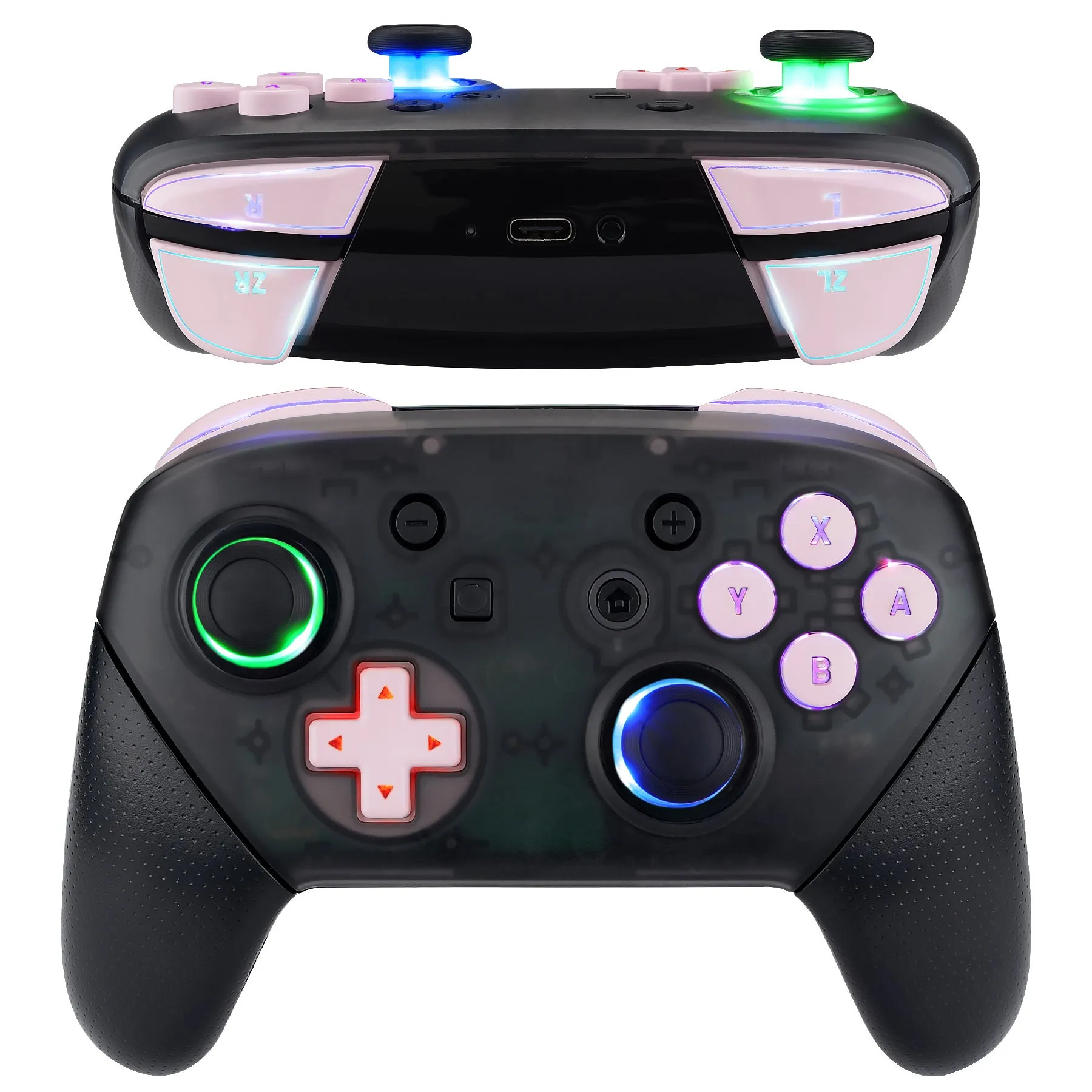 eXtremeRate Multi-Colors Luminated Thumbsticks D-pad ABXY ZR ZL L R Cherry Blossoms Pink Classic Symbol Buttons DTFS LED Kit for NS Switch Pro Controller - 9 Colors Modes 6 Areas DIY Option Button Control - NSLED018