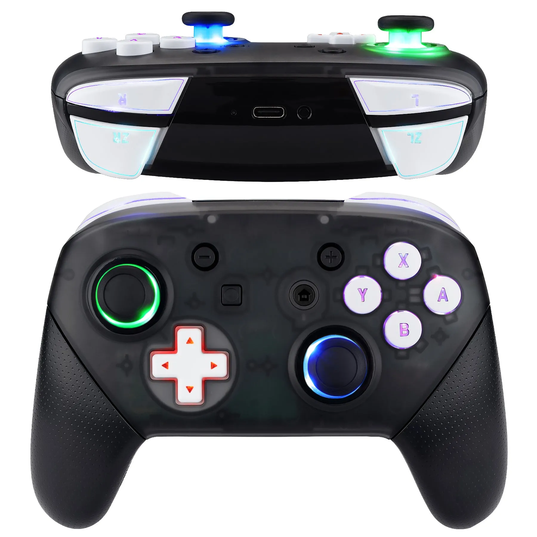 eXtremeRate Multi-Colors Luminated Thumbsticks D-pad ABXY ZR ZL L R White Classic Symbol Buttons DTFS LED Kit for NS Switch Pro Controller - 9 Colors Modes 6 Areas DIY Option Button Control - NSLED017