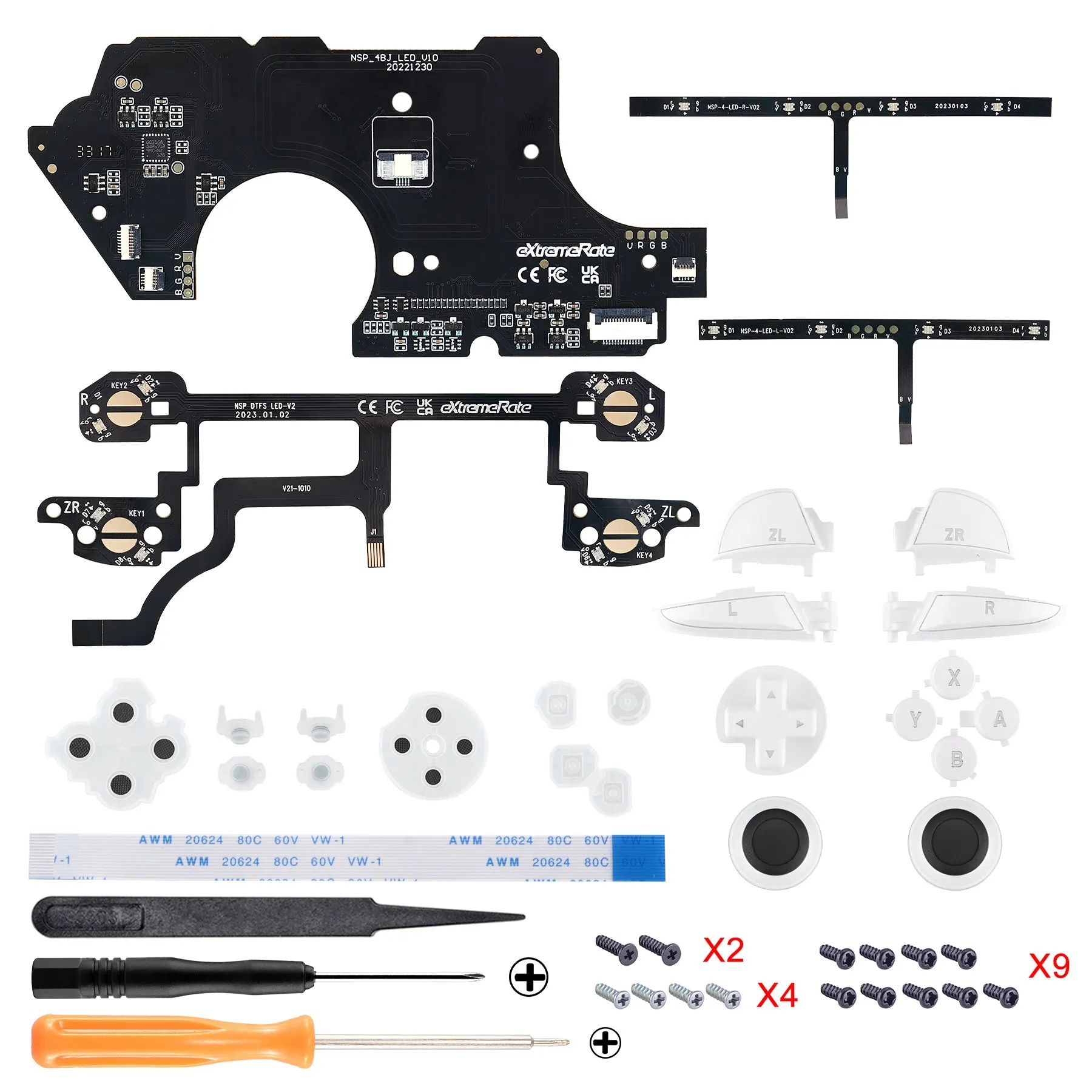 eXtremeRate Multi-Colors Luminated Thumbsticks D-pad ABXY ZR ZL L R White Classic Symbol Buttons DTFS LED Kit for NS Switch Pro Controller - 9 Colors Modes 6 Areas DIY Option Button Control - NSLED017