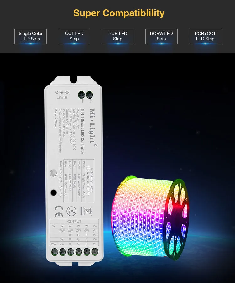 FluxTech 5 In 1 LED Strip Light Controller for Single Colour/ CCT/ RGB/ RGBW/ RGB CCT Strips Light