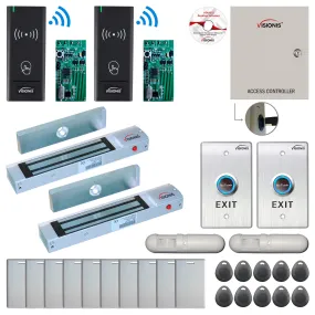 FPC-8979 Two Door Access Control Time Attendance TCP/IP RS485 Wiegand Controller Box   Out Swinging Door 300lbs Maglock   Wireless Card Reader   Wireless Receiver PCB   Motion Detector   Exit Button