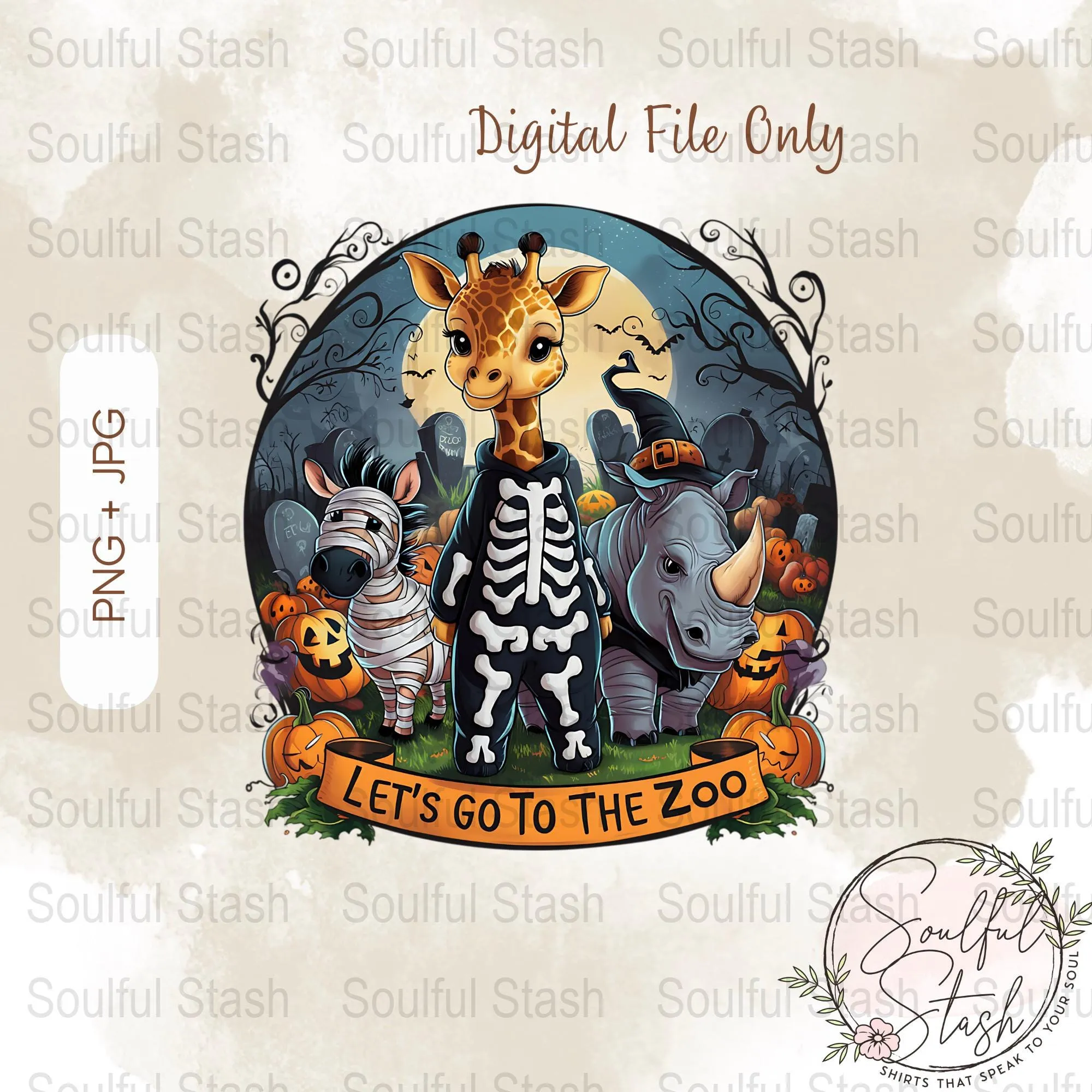 Halloween Zoo Animals Cute Digital Download, Giraffe in Skeleton Costume, Cute Zebra and Rhino, Kids Digital Zoo Art, PNG Sublimation