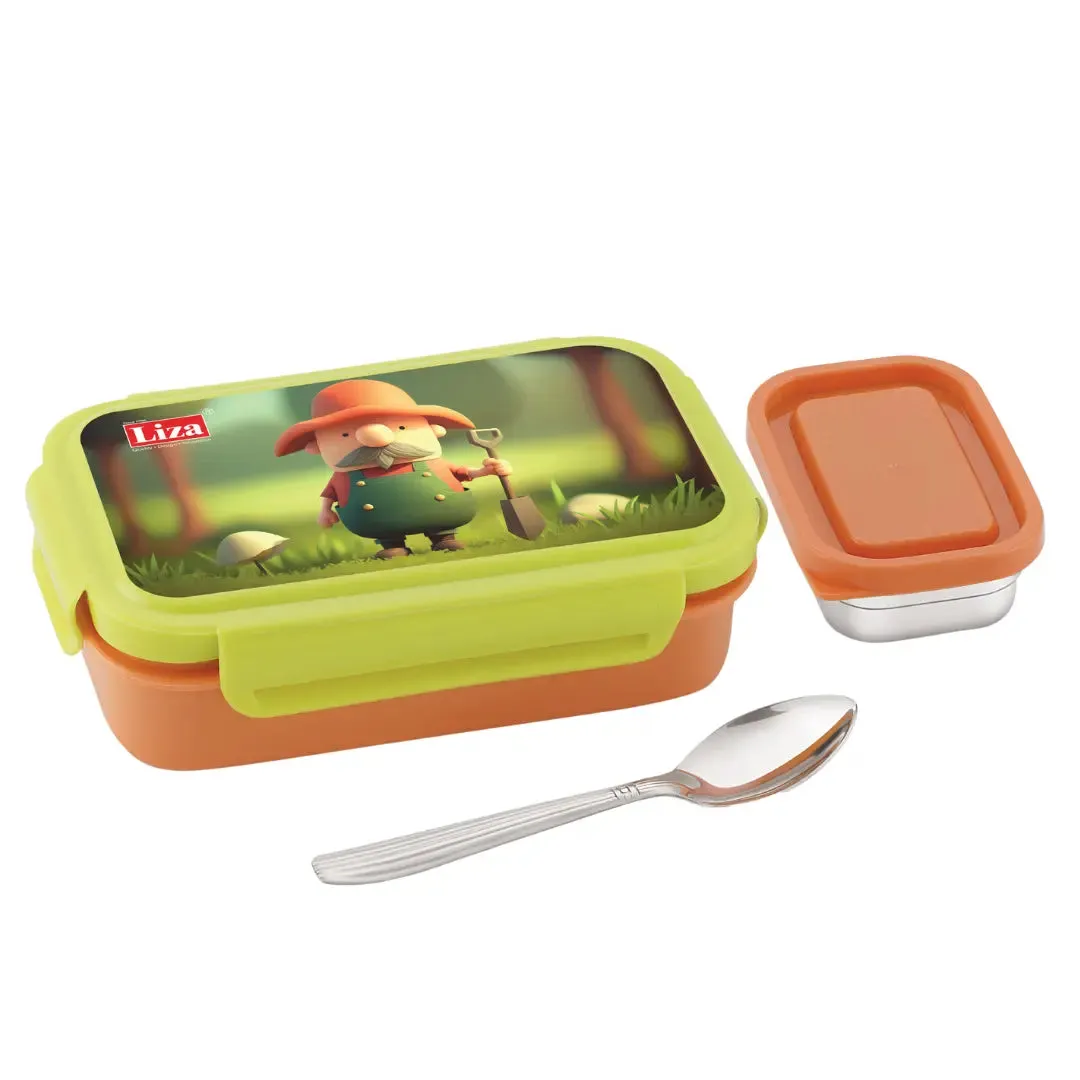 Happy Bite Orange 2 Compartment Stainless Steel Lunch Box for School Going Kids