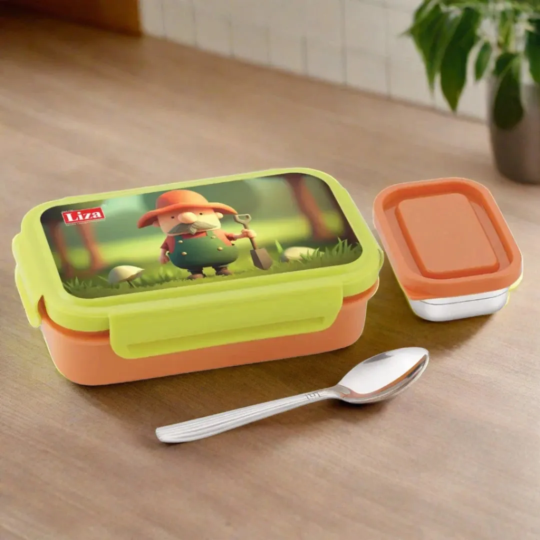 Happy Bite Orange 2 Compartment Stainless Steel Lunch Box for School Going Kids