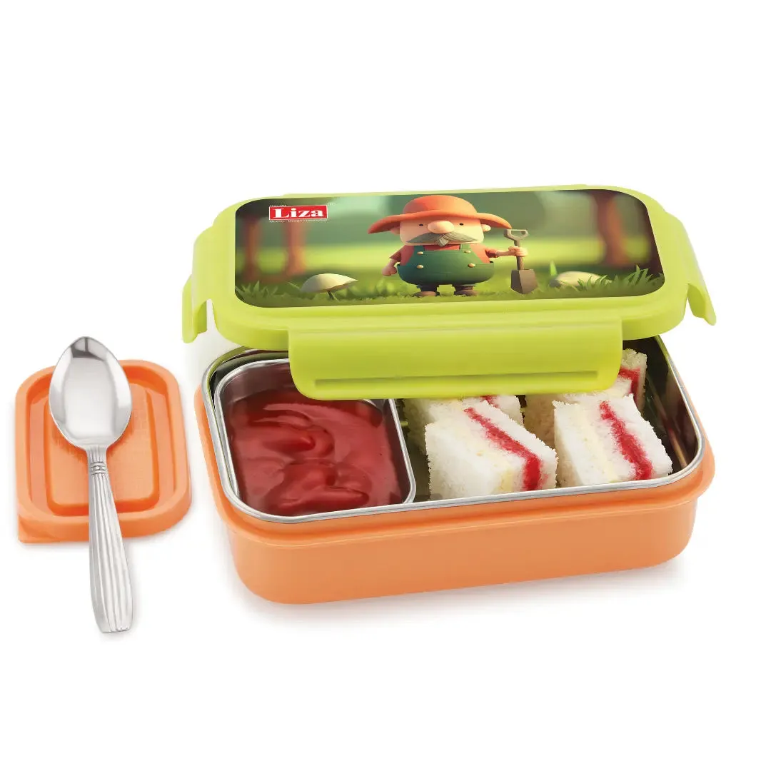 Happy Bite Orange 2 Compartment Stainless Steel Lunch Box for School Going Kids