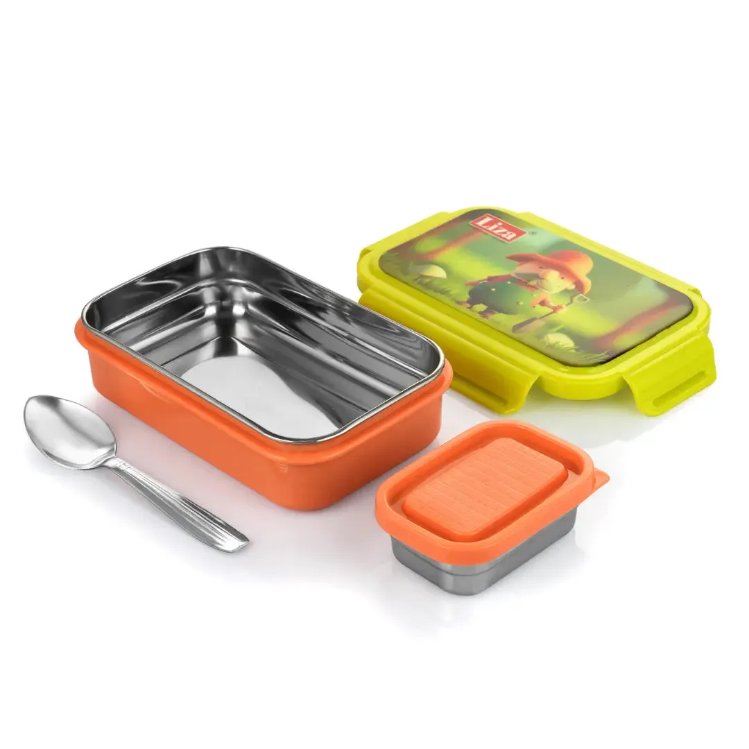 Happy Bite Orange 2 Compartment Stainless Steel Lunch Box for School Going Kids