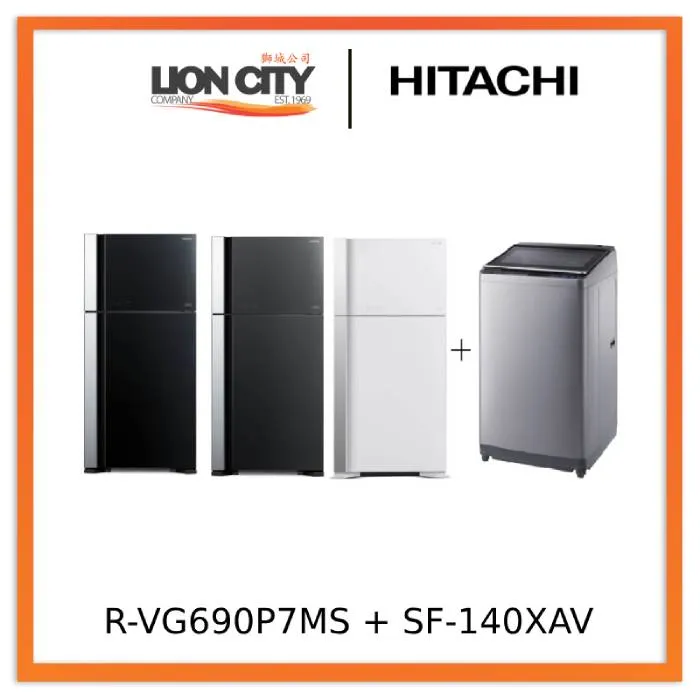 Hitachi R-VG690P7MS - GBK/GGR/GPW 550L Top Freezer Fridge   Hitachi SF-140XAV 14Kg Top Loading with Glass Top Dynamic-Stream Wash