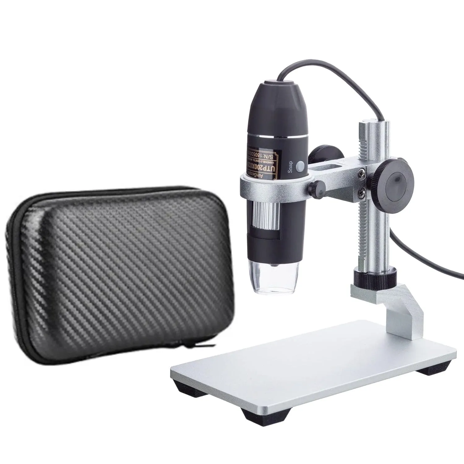 Holiday Savings! AmScope UTP Series 2.0MP USB Handheld Digital Microscope 10X-200X Magnification on Metal Stand with LED Illumination   BONUS Carrying Case