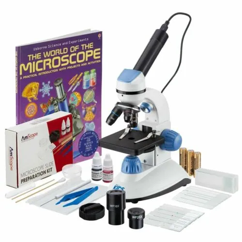 IQCrew by AmScope M50 Series Monocular Compound Microscope (Blue) 40X-1000X Magnification with Dual Illumination, 3MP Digital Eyepiece, Slide Prep Kit and Book