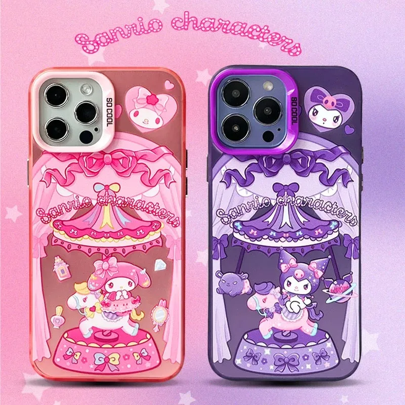 Japanese Cartoon Sanrio Merry Go Round | Kuromi with Friends Laser Colour Clear - iPhone Case 11 12 13 14 15 16 Pro Promax