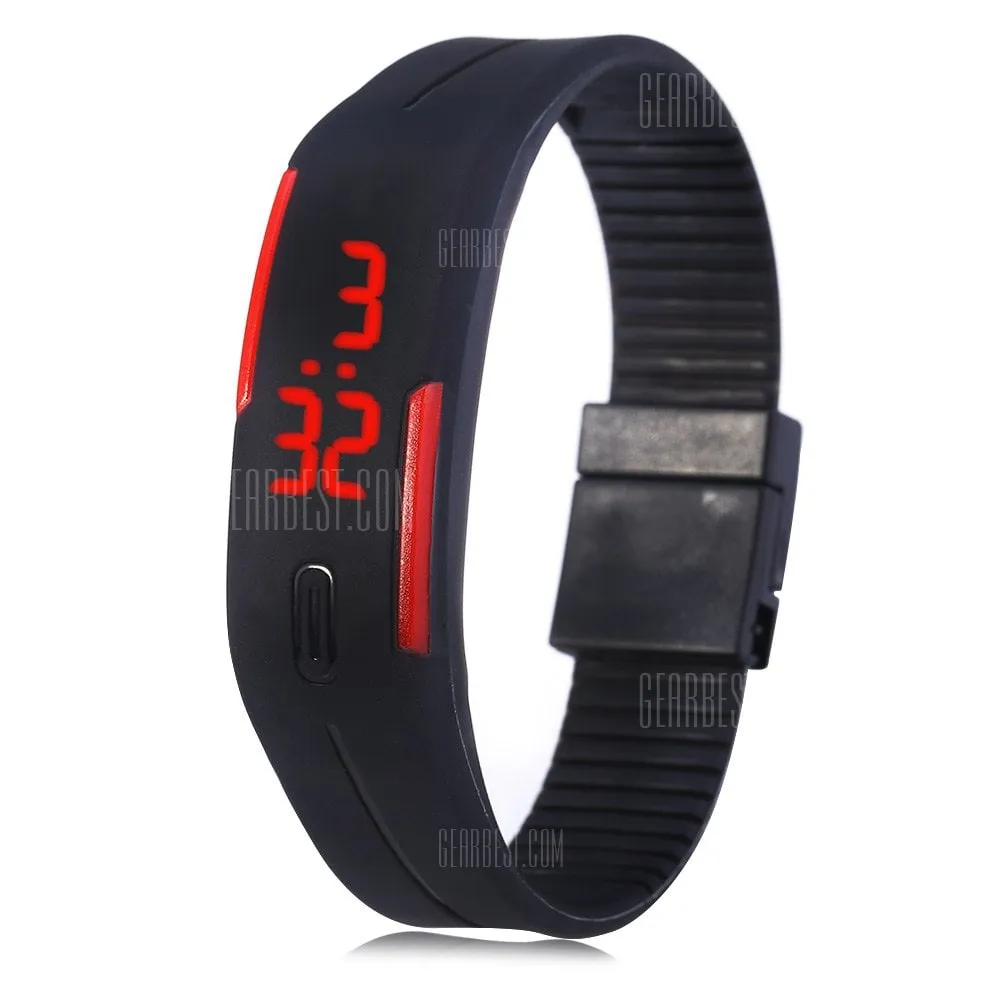 LED Watch Date Red Digital Rectangle Dial Rubber Band- BLACK