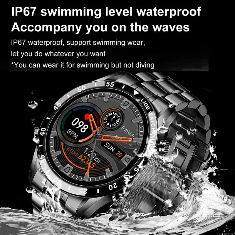 LIGE 2022 Full Circle Touch Screen Steel Band Luxury Bluetooth Call Men Smart Watch Waterproof Sport Activity Fitness Watch Box