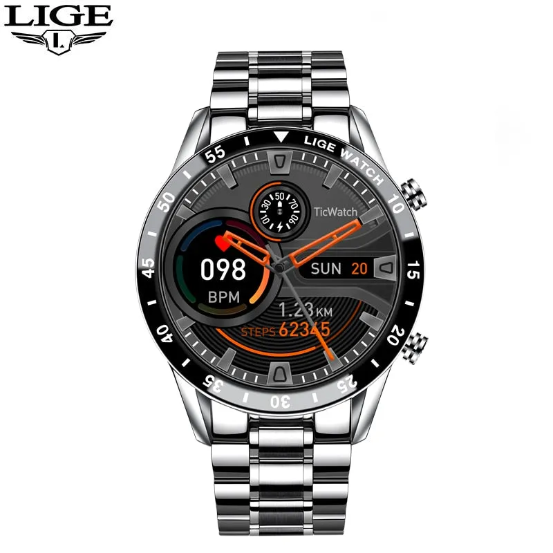 LIGE 2022 Full Circle Touch Screen Steel Band Luxury Bluetooth Call Men Smart Watch Waterproof Sport Activity Fitness Watch Box