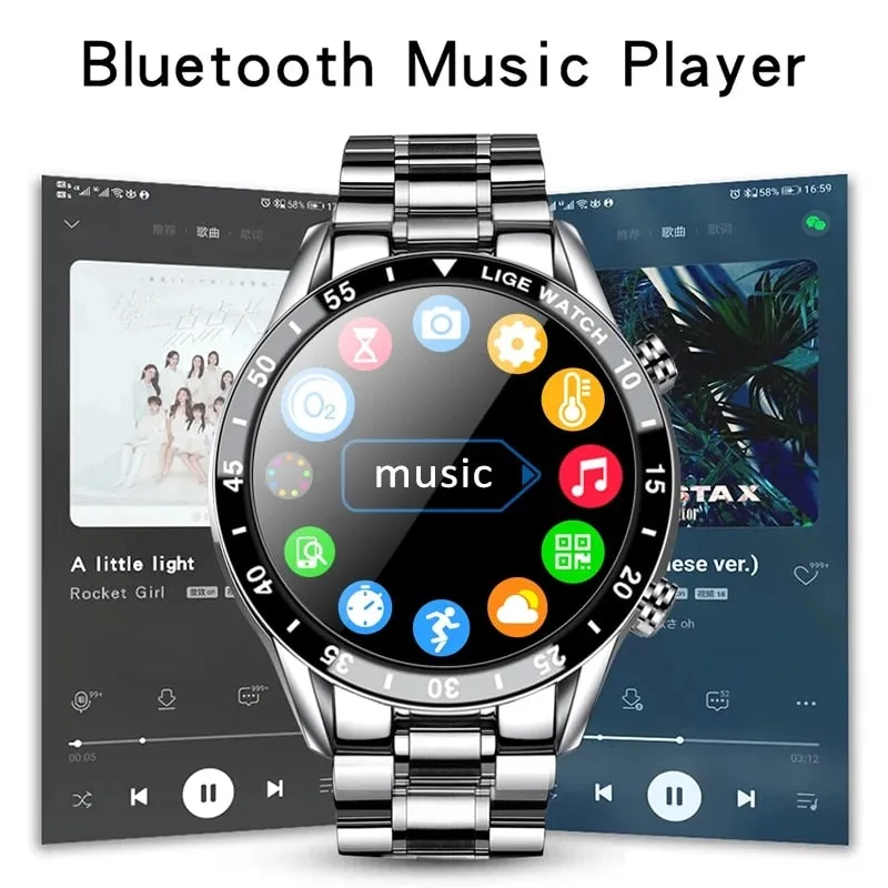 LIGE 2022 Full Circle Touch Screen Steel Band Luxury Bluetooth Call Men Smart Watch Waterproof Sport Activity Fitness Watch Box