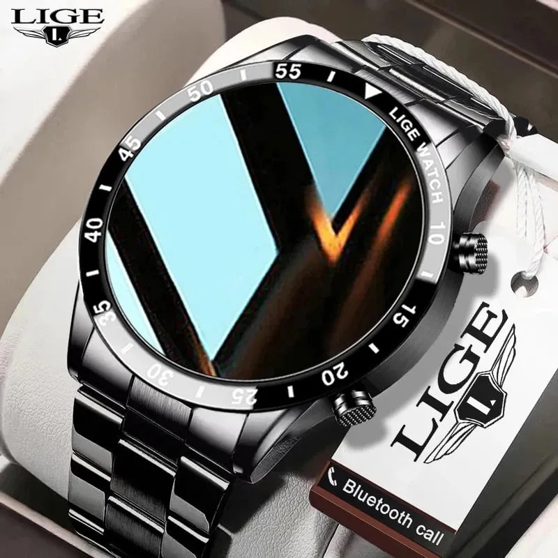 LIGE 2022 Full Circle Touch Screen Steel Band Luxury Bluetooth Call Men Smart Watch Waterproof Sport Activity Fitness Watch Box