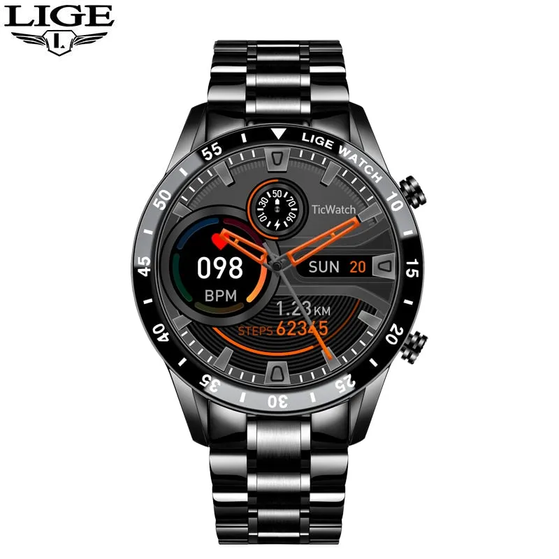 LIGE 2022 Full Circle Touch Screen Steel Band Luxury Bluetooth Call Men Smart Watch Waterproof Sport Activity Fitness Watch Box