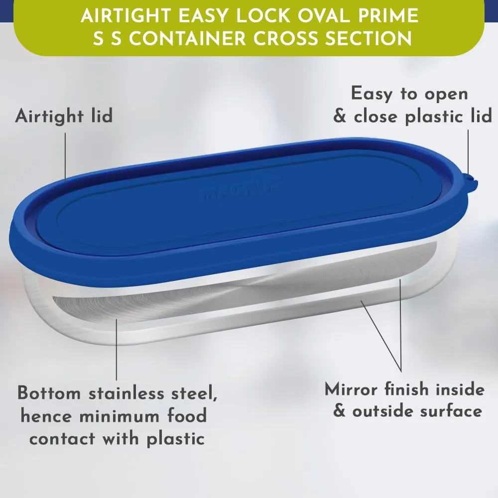 Magnus Easy Lock Oval Prime Container, Stainless Steel, Airtight & Leakproof Lid & Container, For School, Office Picnic, Ideal for Men,Women and Kids (Royal Blue,450ml)