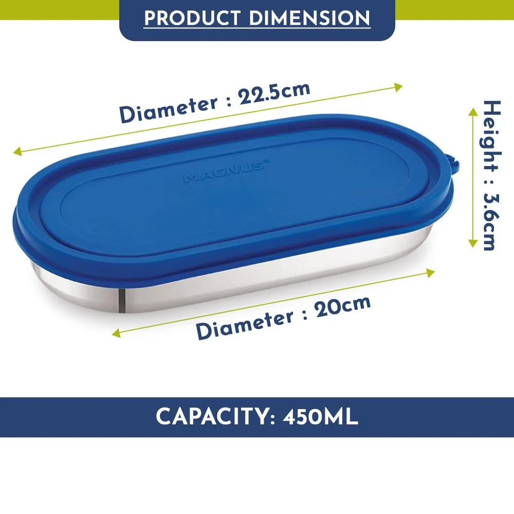 Magnus Easy Lock Oval Prime Container, Stainless Steel, Airtight & Leakproof Lid & Container, For School, Office Picnic, Ideal for Men,Women and Kids (Royal Blue,450ml)