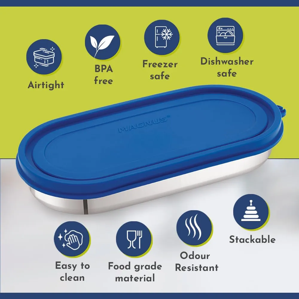 Magnus Easy Lock Oval Prime Container, Stainless Steel, Airtight & Leakproof Lid & Container, For School, Office Picnic, Ideal for Men,Women and Kids (Royal Blue,450ml)