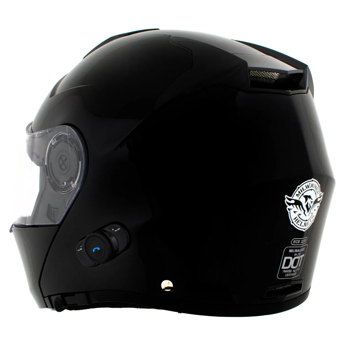 Milwaukee Helmets H7000 Glossy Black 'Mayday' Modular Motorcycle Helmet w/ Intercom - Built-in Speaker and Microphone for Men / Women