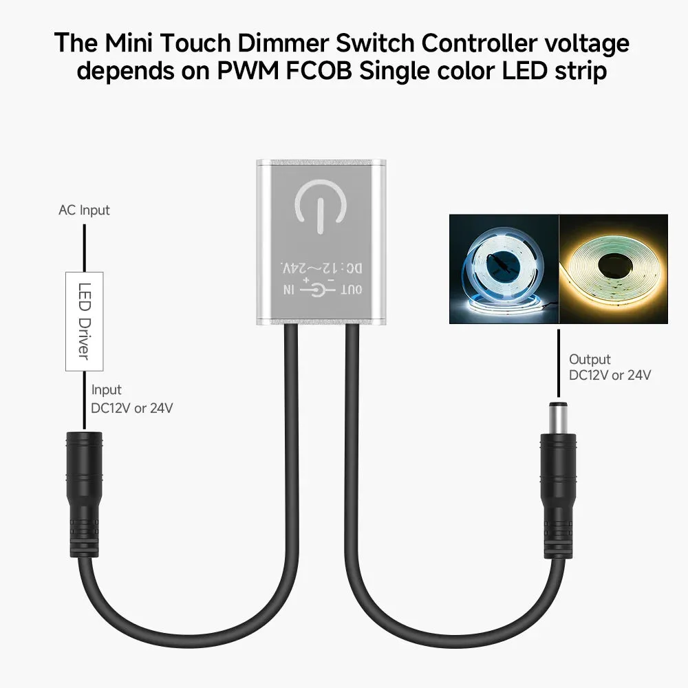 Mini Touch Dimmer Metal Sensor Controller Switch Brightness for FCOB LED Lights Cabinet Kitchen Strip DC 12/24V Max 3A