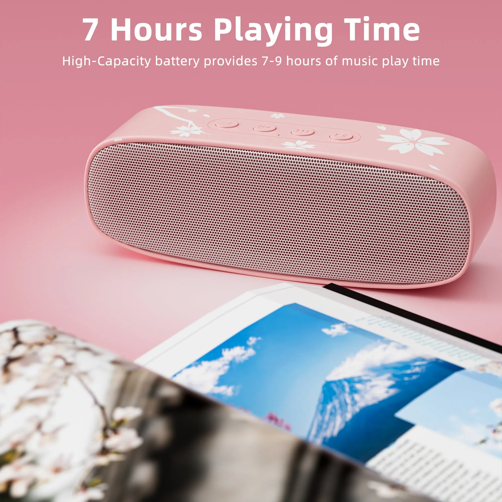 Mytrix Sakura Pink Cherry Blossom Bluetooth Speaker, Portable Wireless Speaker with Bluetooth 5.0, Dual Pairing, and Radio FM