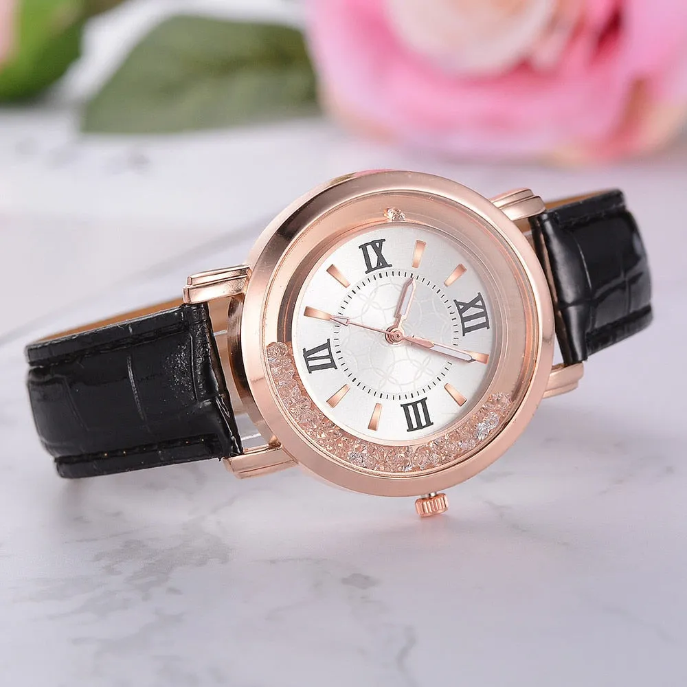 New ladies watch Rhinestone Leather Bracelet Wristwatch Women Fashion Watches Ladies Alloy Analog Quartz relojes @F