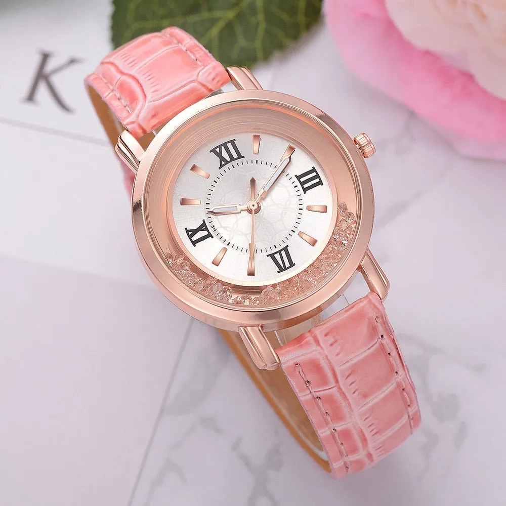 New ladies watch Rhinestone Leather Bracelet Wristwatch Women Fashion Watches Ladies Alloy Analog Quartz relojes @F