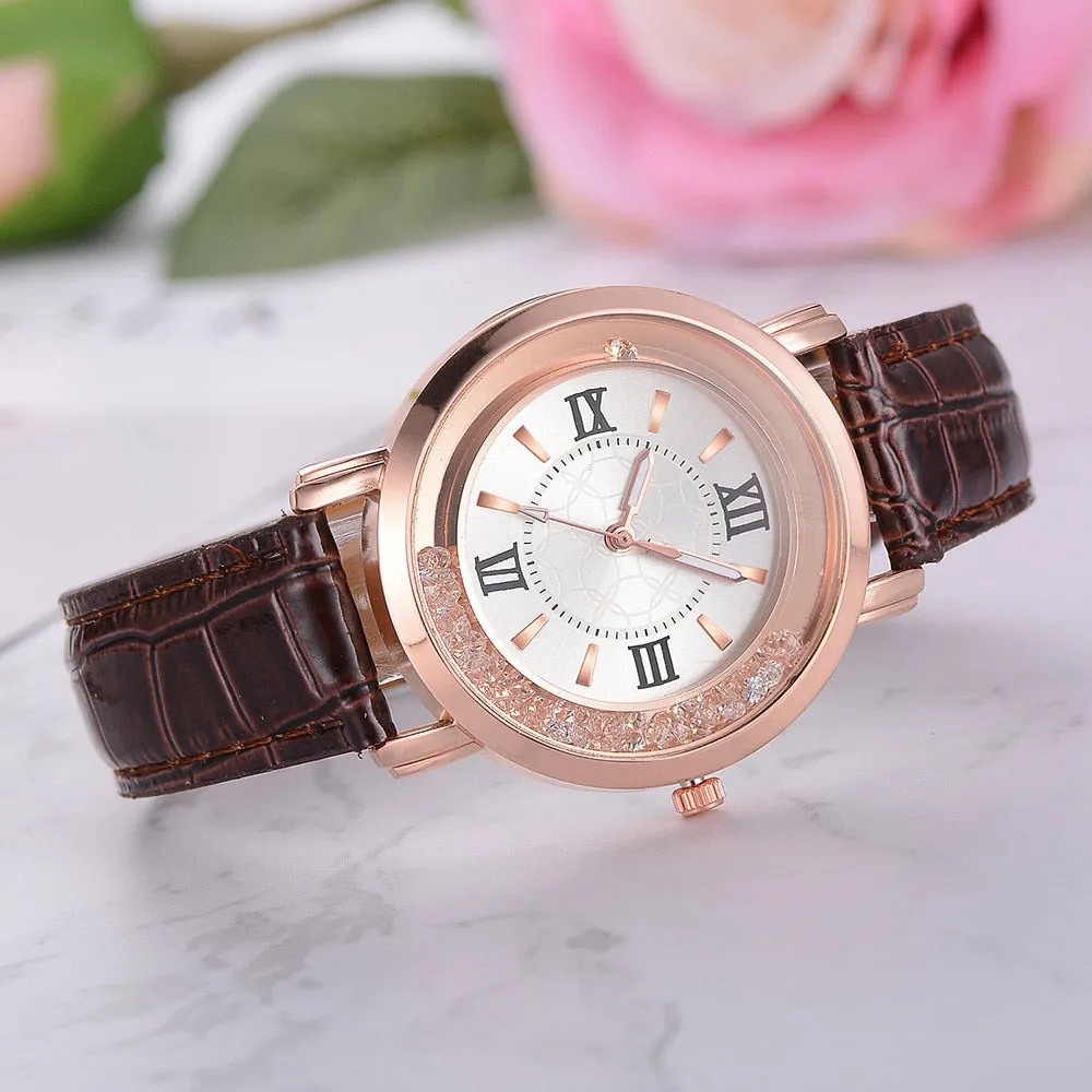 New ladies watch Rhinestone Leather Bracelet Wristwatch Women Fashion Watches Ladies Alloy Analog Quartz relojes @F