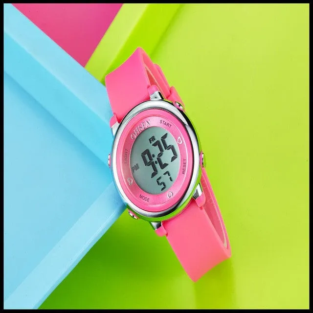 OHSEN Digital LCD Kids Girl Pink Wristwatch Rubber Strap 50M Diver 7 Colors Cartoon Children Boys Fashion Watch Alarm Hand Clock