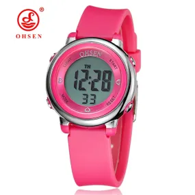 OHSEN Digital LCD Kids Girl Pink Wristwatch Rubber Strap 50M Diver 7 Colors Cartoon Children Boys Fashion Watch Alarm Hand Clock