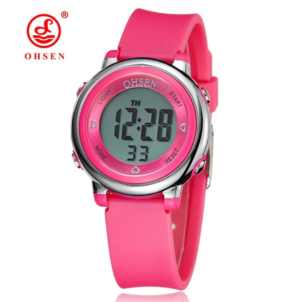 OHSEN Digital LCD Kids Girl Pink Wristwatch Rubber Strap 50M Diver 7 Colors Cartoon Children Boys Fashion Watch Alarm Hand Clock