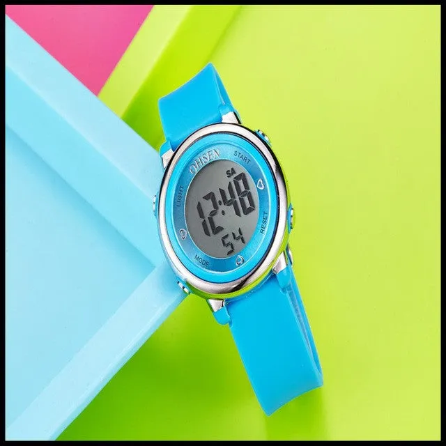 OHSEN Digital LCD Kids Girl Pink Wristwatch Rubber Strap 50M Diver 7 Colors Cartoon Children Boys Fashion Watch Alarm Hand Clock