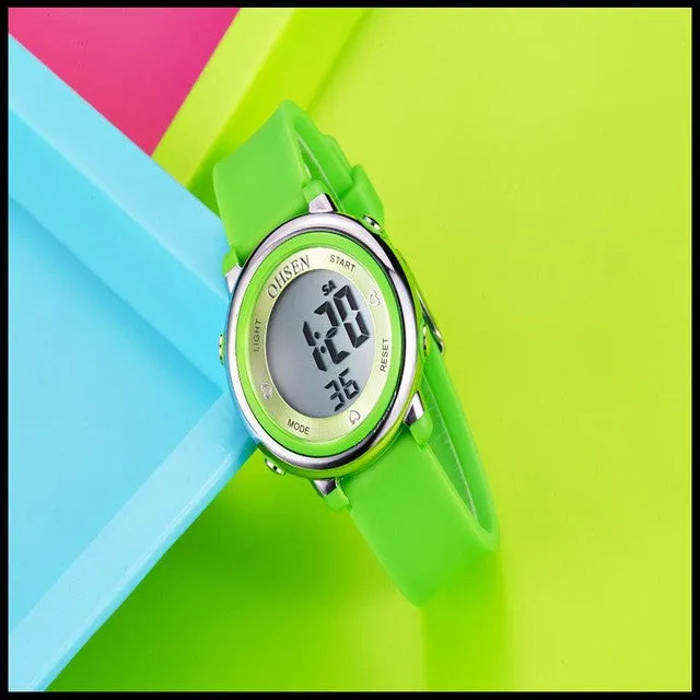 OHSEN Digital LCD Kids Girl Pink Wristwatch Rubber Strap 50M Diver 7 Colors Cartoon Children Boys Fashion Watch Alarm Hand Clock