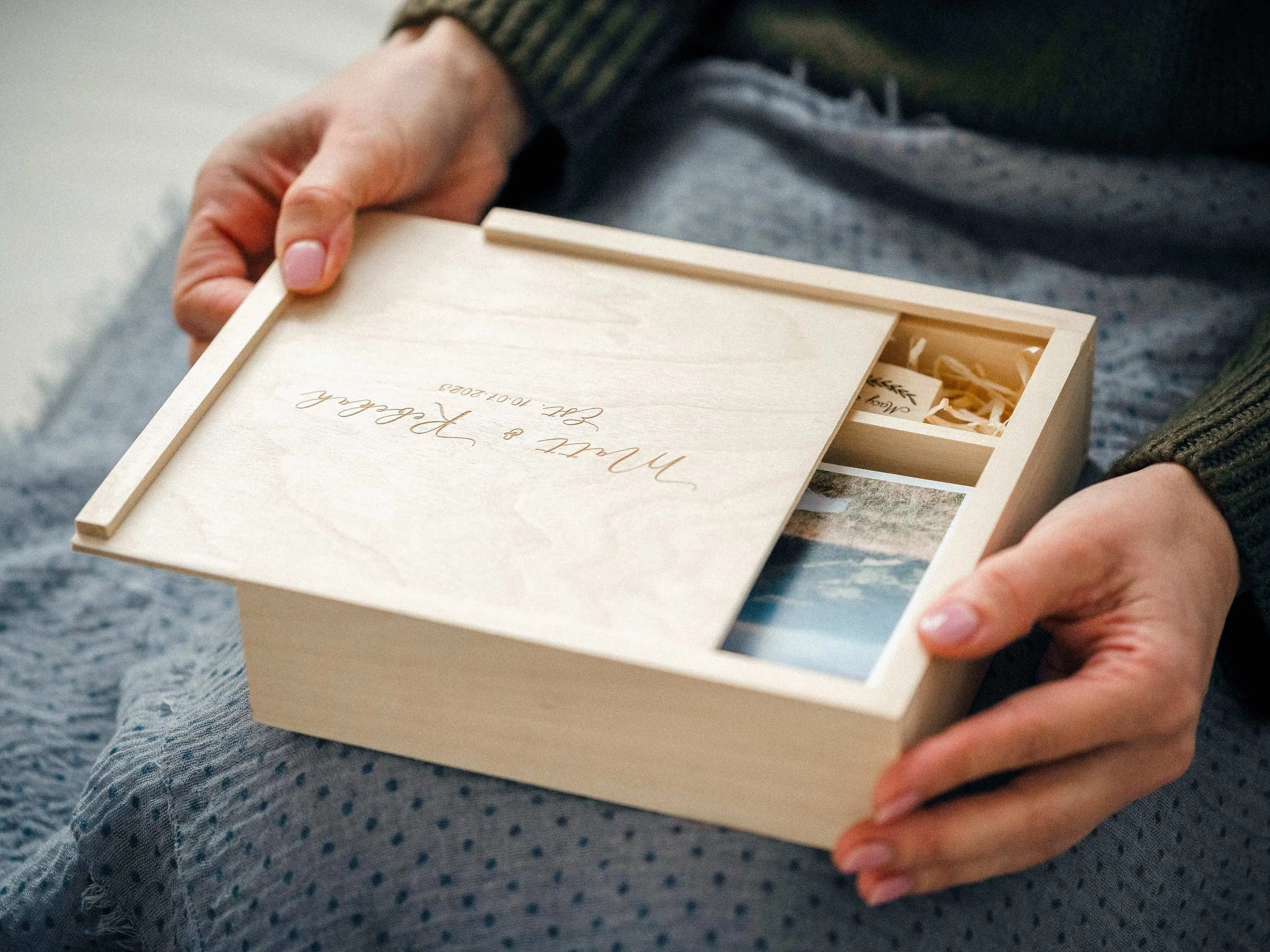 Personalized Wedding Photo Box with USB, Wooden Memory Storage Box