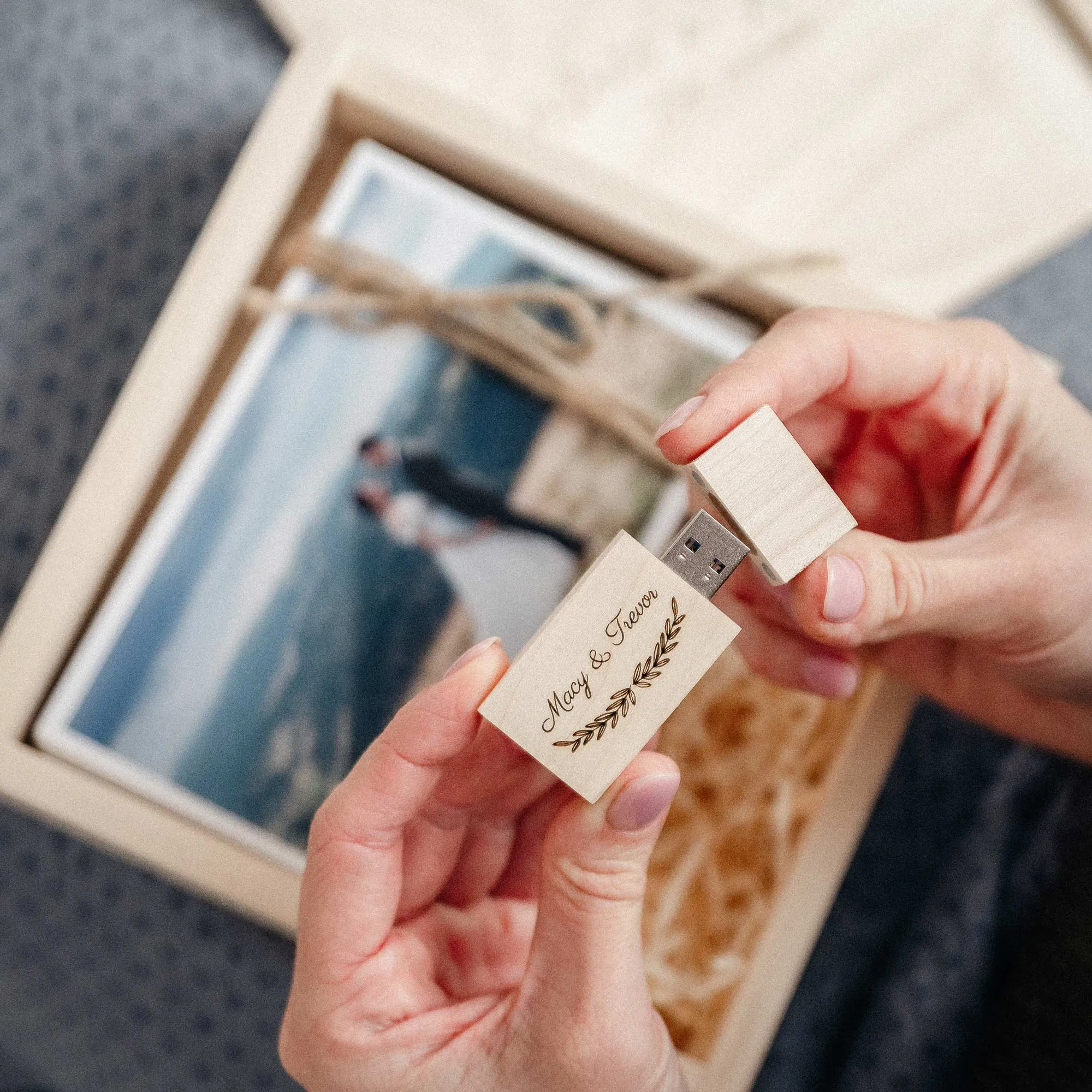 Personalized Wedding Photo Box with USB, Wooden Memory Storage Box