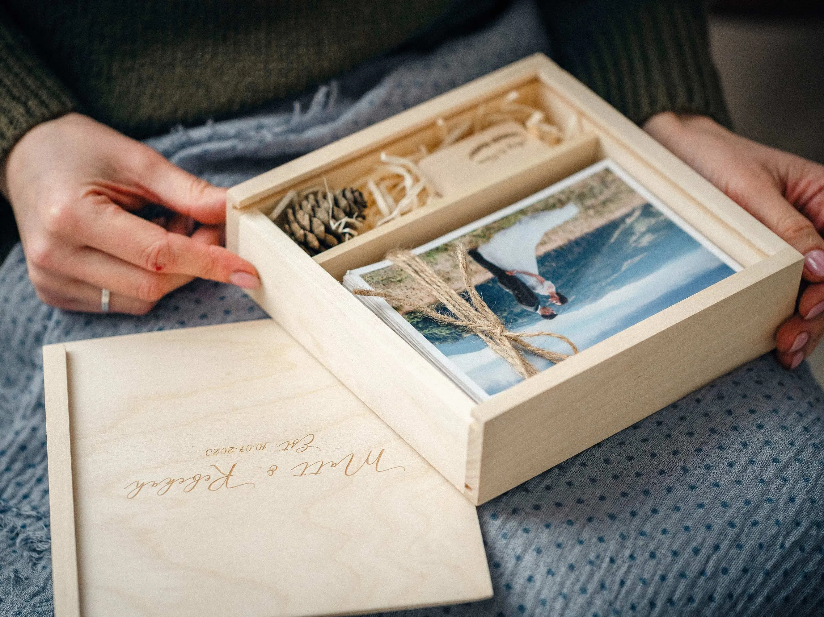 Personalized Wedding Photo Box with USB, Wooden Memory Storage Box