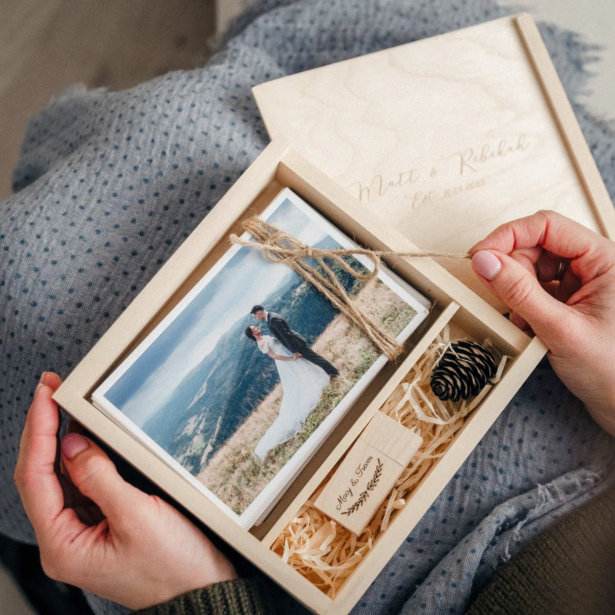 Personalized Wedding Photo Box with USB, Wooden Memory Storage Box