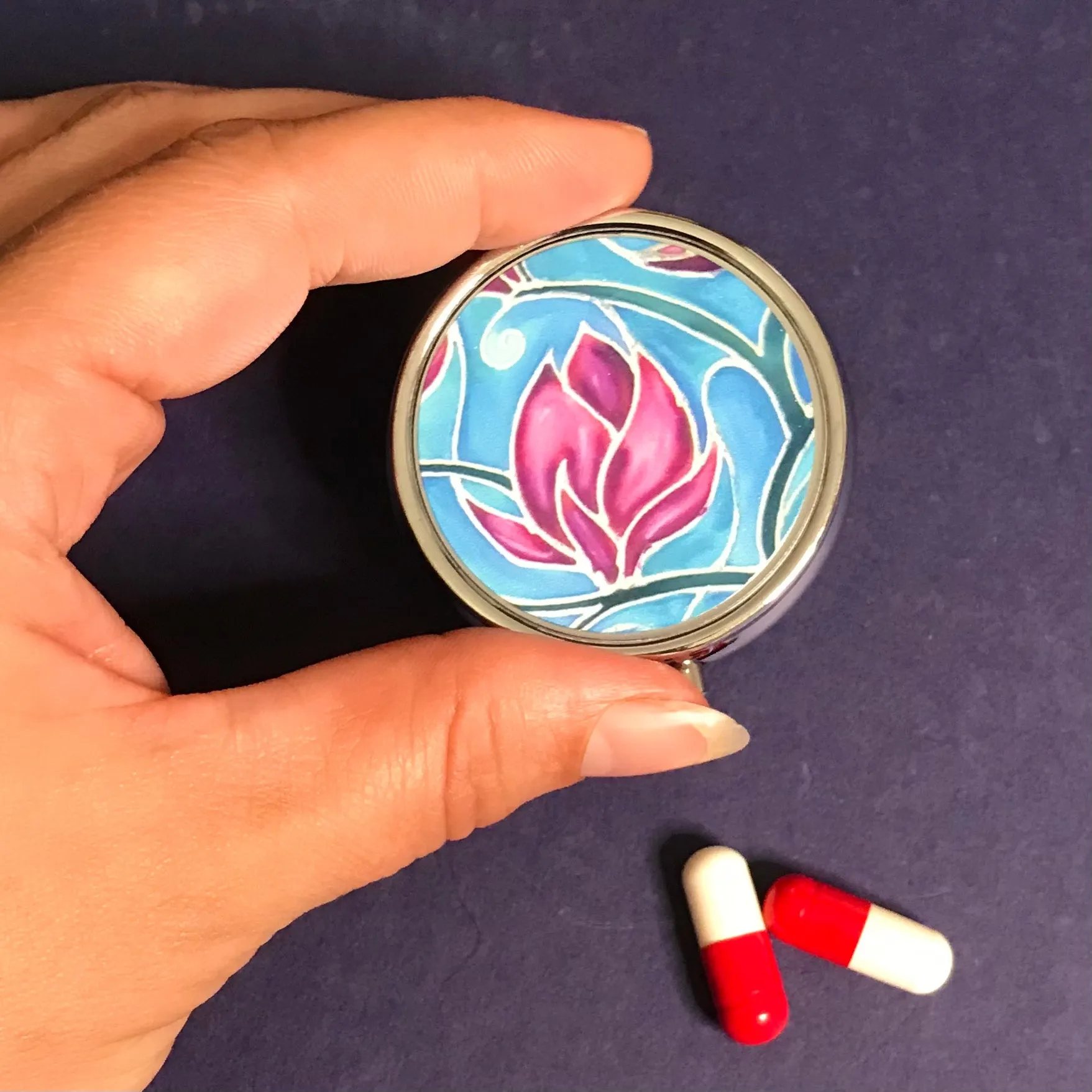 Pink Magnolias Pill Box - Flower Round Trinket Box - Stud Earing Jewellery Box