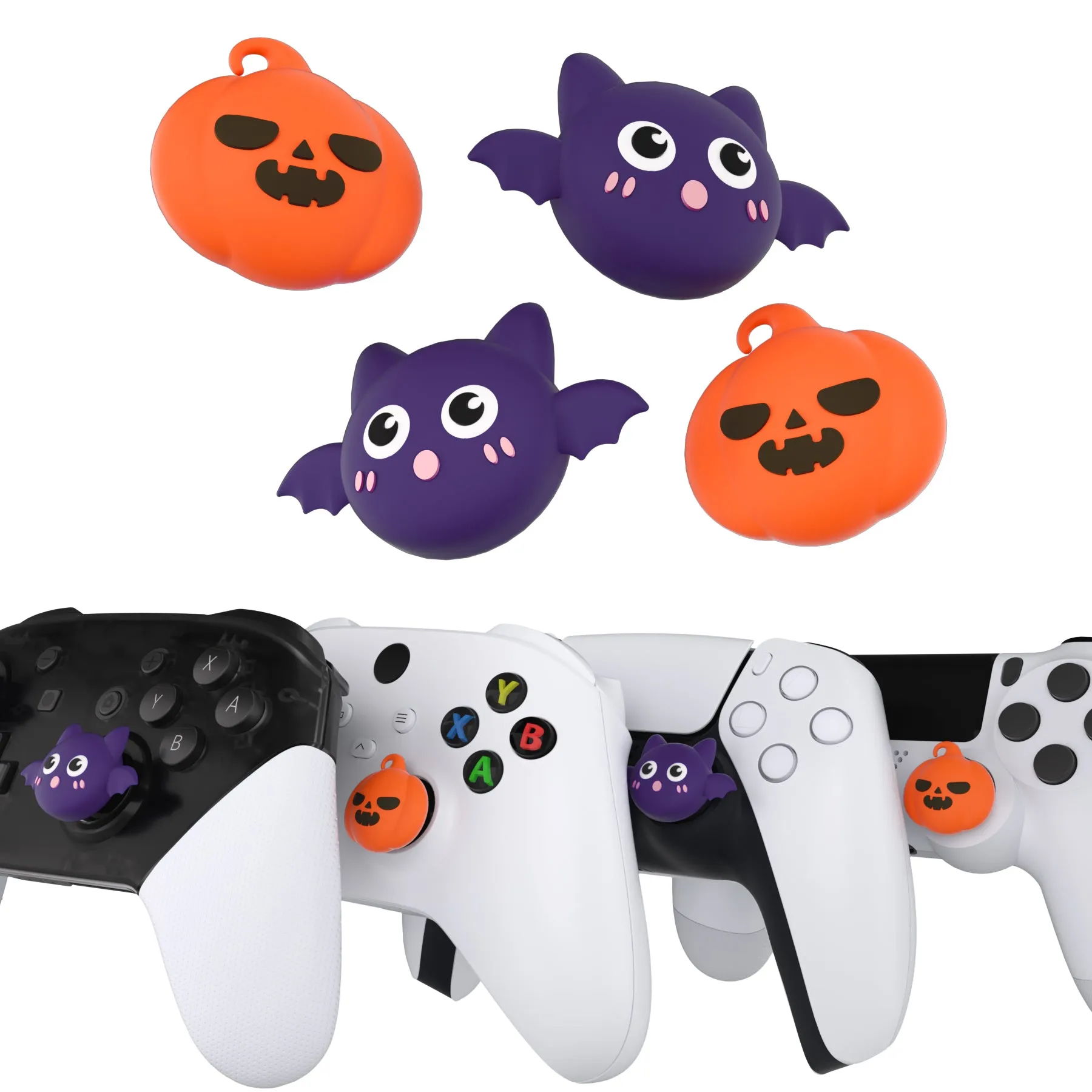 PlayVital Halloween Pumpkin Bat Cute Thumb Grip Caps for PS5/4 Controller, Silicone Analog Stick Caps Cover for Xbox Series X/S, Thumbstick Caps for Switch Pro Controller - PJM3031