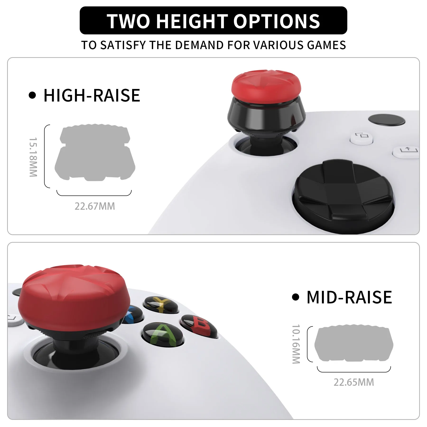 PlayVital Thumbs Pro RAZOR Thumbstick Extender for Xbox Core Controller, for Xbox Series X/S Controller, Joystick Caps for Xbox One Controller - 2 High Raise & 2 Mid Raise Dome - Scarlet Red & Black - PJM5006