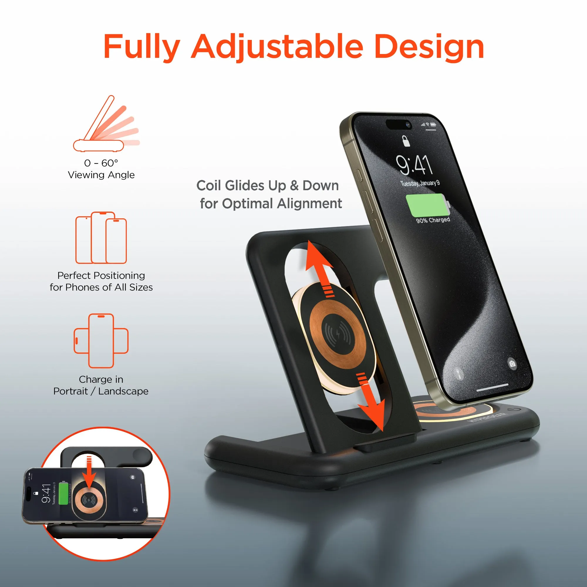 PowerFold X-Ray 4-in-1 Foldable Wireless Charging Stand with 15W Wireless Fast Charge | Black