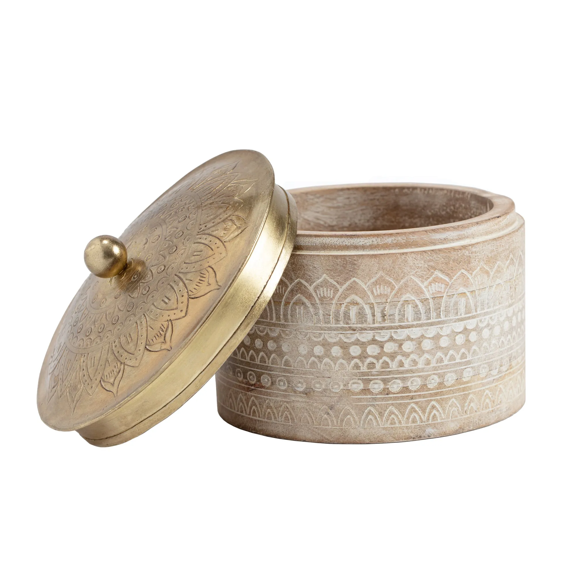 Round Hand-Carved Mango Wood Decorative Box