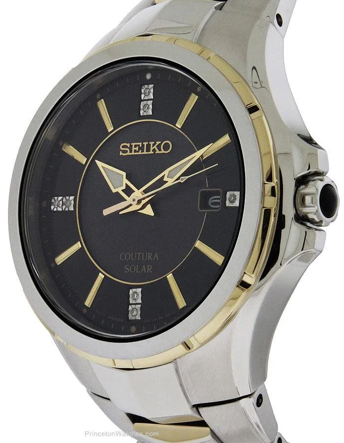 Seiko Mens Solar Coutura Diamond Watch - Two-Tone - Date - Black Dial