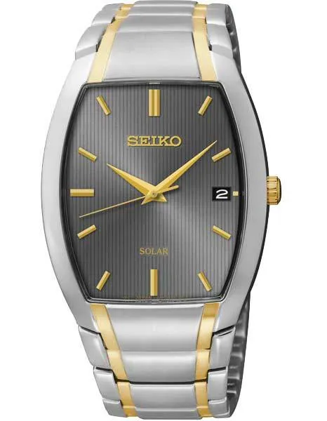 Seiko Mens Solar Dress Watch - Cushion Case - Gray Textured Dial - Date Display