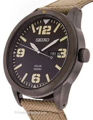 Seiko Mens Solar Sport Watch - Easy to Read Dial - Black Dial - Tan Nylon